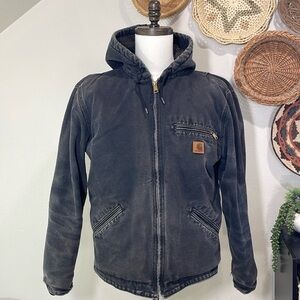 Carhartt J141 BLK Sherpa Lined Jacket Mens Medium Black Duck Canvas Hooded Coat